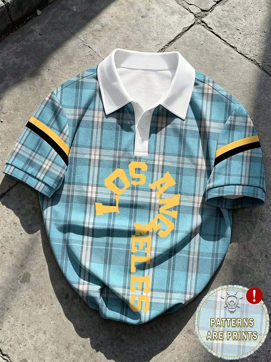 NEOREFINED 男士經典條紋藍白格紋對比領 Los Angeles 文字 Polo 衫,夏季首選 - 彩色 - 查看 1
