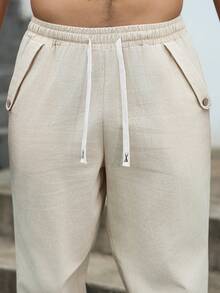 VENTUSAIL Men's Solid Color Drawstring Waist Pocket Straight Leg Cotton Linen Pants - Khaki - View 8
