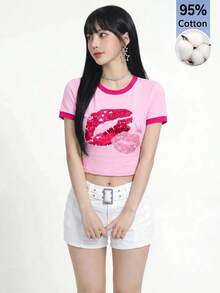 Sweetina PINK 女款休閒極簡唇印圖案撞色領口與袖口修身短袖短版 T-shirt，夏季套頭上衣 - 粉色 - 查看 7
