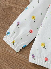 SHEIN Elladie kids 女童新款春夏/秋冬白色多彩花卉圖案紋理布料拉鍊連帽開襟衫，適合日常休閒時尚，可愛優雅且具運動風穿搭 - 白色 - 查看 8