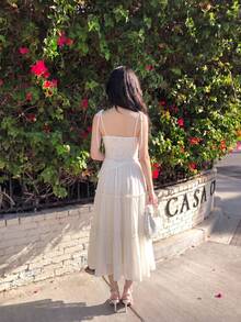SHEIN MOD White Summer Elegant Lace Asymmetric Hem Camisole,Women's Tie Strap Sleeveless Corset Style Top,Boho Chic Date Night Wedding Guest Party Cami Blouse - Apricot - View 3