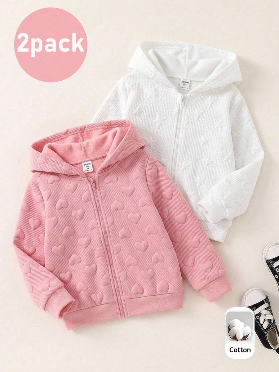 SHEIN 2件組女童純色連帽衛衣,粉色,冬季,學校,返校,寬鬆休閒保暖衣,日常穿著與派對,兒童秋季連帽衫 - 彩色 - 查看 1