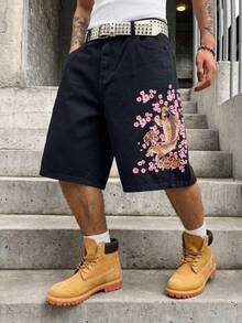 Manfinity EMRG Men's Casual Street Style Embroidered Black Denim Shorts - Black - View 7