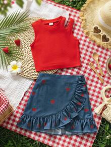 Emery Rose Kids Emery Rose Kids 女童純色圓領鏤空設計背心上衣與草莓圖案荷葉邊裙擺套裝 - 紅色 - 查看 7