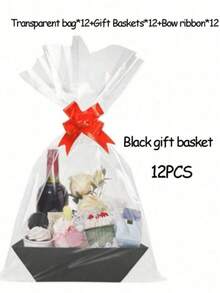 6/12 Piece Gift Basket Set, Multiple Colors Available,Christmas Hollow Gift Baskets, Including Bows, Plastic Bags, And Kraft Paper Market Tray Cardboard Baskets For DIY  Holiday Gift Wrapping, Shelf-Style Gift Baskets, Suitable For Halloween - Multicolor - View 30