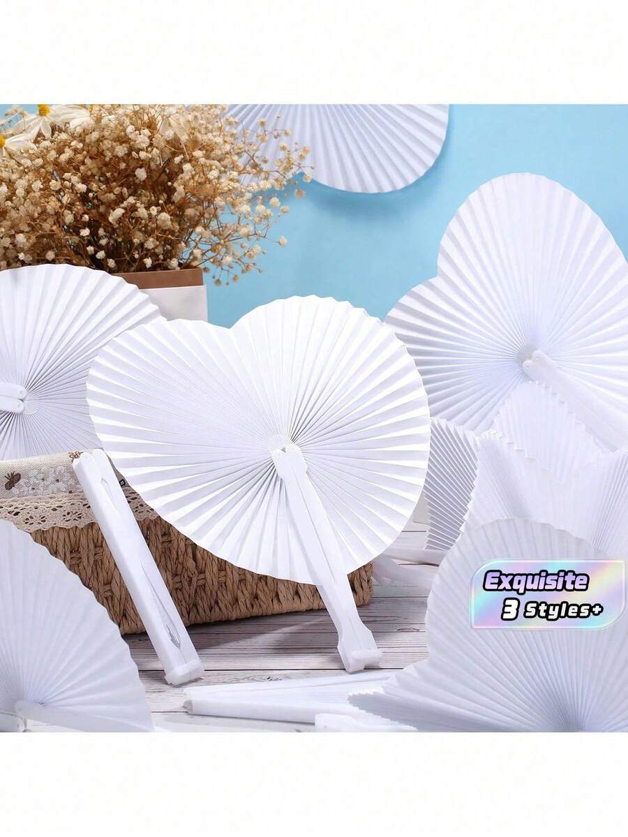 50pcs/30pcs/10pcs White Paper Fans, Foldable Handheld Ladies Fans, Heart Shape Wedding Decoration Folding Hand Fans For Bride Guests Church Party Favors Dance Birthday DIY - White - View 1