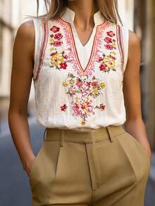SHEIN Franclia Women's Sleeveless Shirt Small Stand Collar V-Neck Regular Fit Digital Floral Print Vacation Beach Style 2026 Summer Top Casual Boho Off-White - Multicolor - View 4