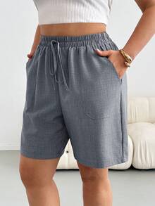 SHEIN Essnce Plus Size Solid Color Minimalist Casual Versatile Drawstring Waist Pocket Shorts Formal Dark Green Summer - Dark Grey - View 4