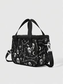 ROMWE Goth 黑色骷髏印花時尚哥德風保溫儲冰包大容量保溫便當袋 - 黑色B - 查看 3
