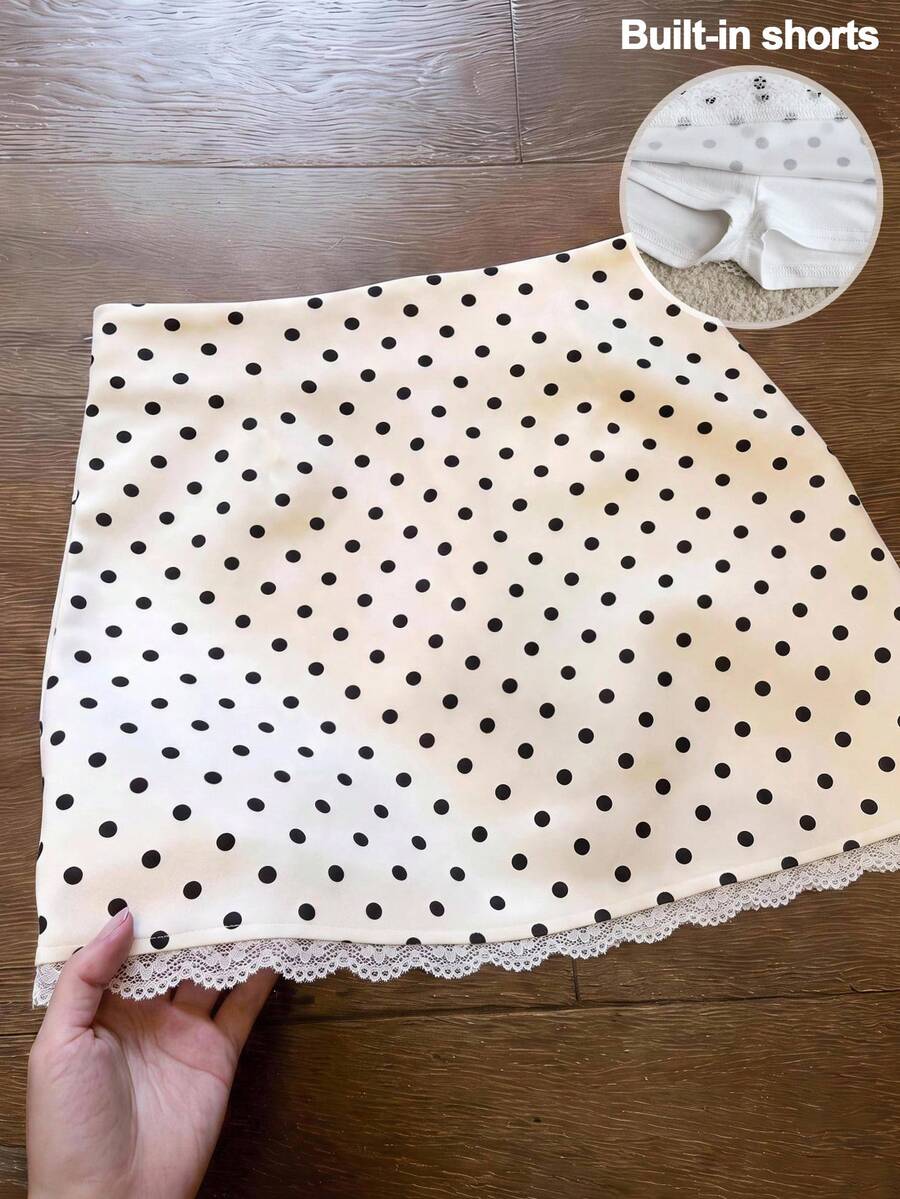 SHEIN Tween女孩法式波點印花蕾絲拼接裙褲 - 白色 - 查看 1