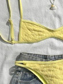 Swim Mod 女款夏季套裝，黃色細肩帶特殊面料性感海灘度假泳衣套裝 - 黃色 - 查看 5