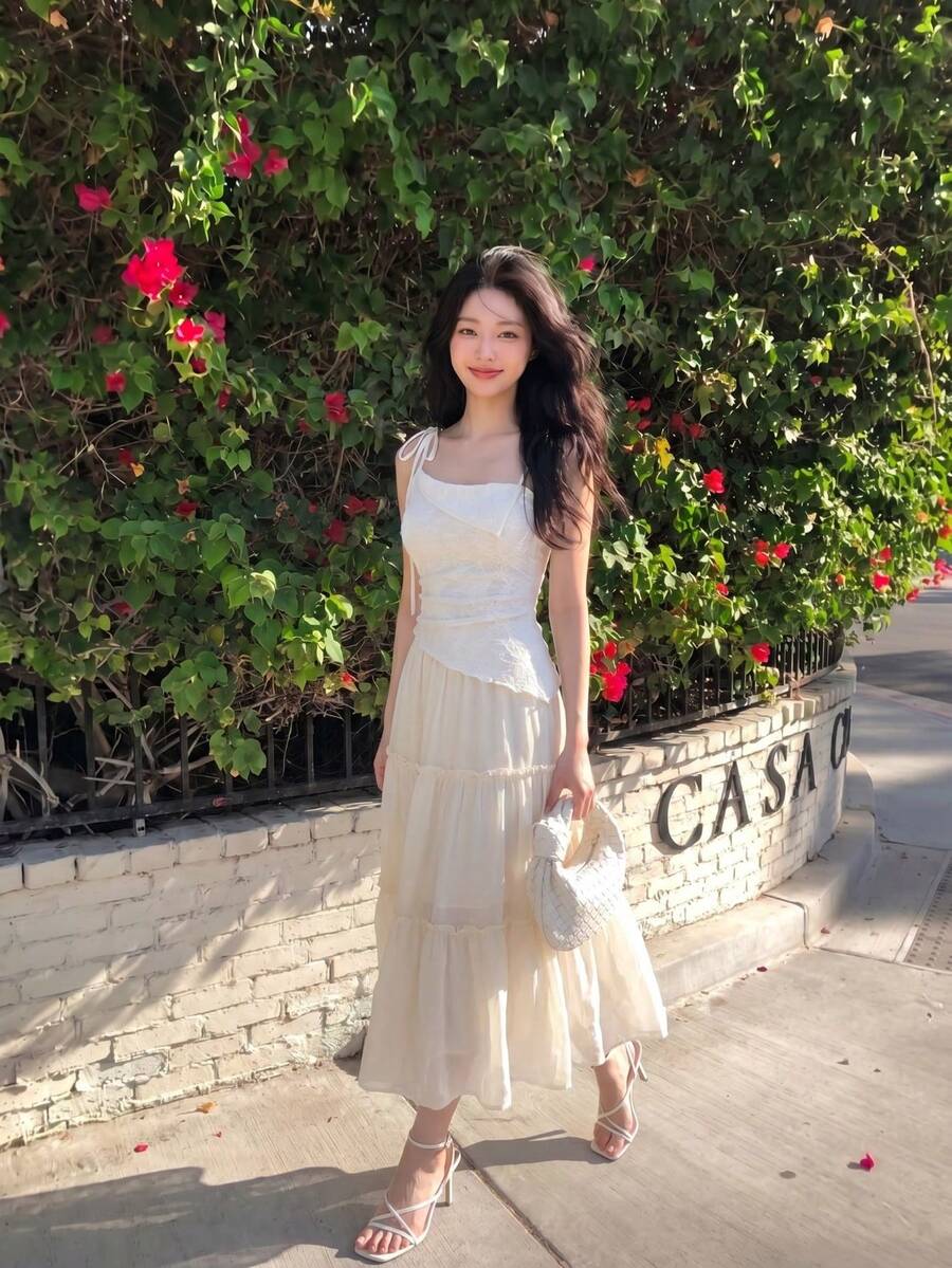 SHEIN MOD White Summer Elegant Lace Asymmetric Hem Camisole,Women's Tie Strap Sleeveless Corset Style Top,Boho Chic Date Night Wedding Guest Party Cami Blouse - Apricot - View 1