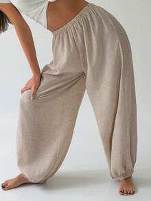 DAZY Women's Solid Color Elastic Waist Casual Daily Loungewear Pants Fall - Apricot - View 1