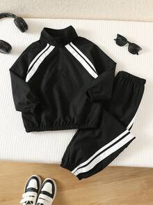 SHEIN Kids 2pcs Young Boys Casual Raglan Sleeve Long Sleeve Stand Collar Decorative Tape Half-Zip Jacket And Elastic Waist Long Pants Set - Black - View 5