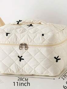 1Pc Quilted Bow Embroidered Cosmetic Bag, Lightweight Fluffy Zipper Travel Toiletry Pouch, Multi-Purpose Storage Case For Makeup, Tampons & Sanitary Pads, Portable Organizer For Daily School & Travel Use, Back To School Supplies - Beige - View 9