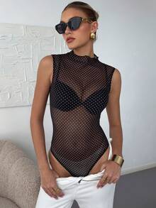 Levarali Women's Summer Polka Dot Mesh Sheer Sexy Bodysuit For Vacation And Party Club Night Out Black And White - Black - View 3