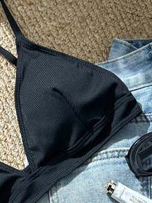 Swim Basics Summer Beach Rib Triangle High Waisted Bikini - Black - View 4