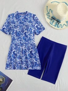 Swim Mulvari 夏季新款 2 件式漸層印花圓領半袖前拉鍊泳衣與半長褲布基尼泳裝套裝 - 藍白色 - 查看 2