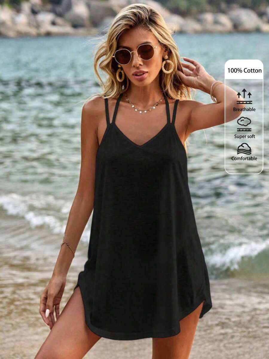 SHEIN VCAY 女款時尚休閒優雅純色迷你寬鬆細肩帶夏季度假洋裝 - 黑色 - 查看 1