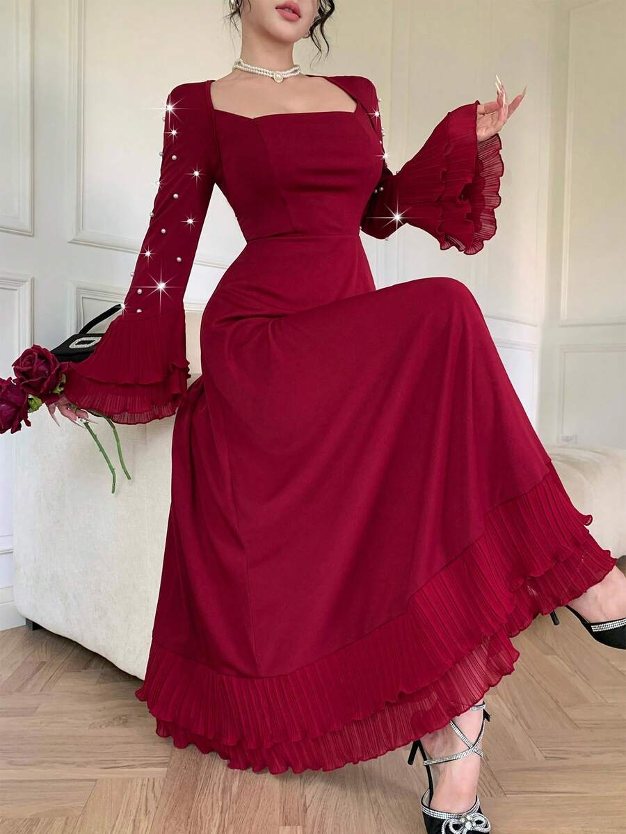 Modelyn Women's Elegant Long Sleeve Square Neck Dress, Rhinestone Embellished Waist-Flattering Slimming Hemline With Ruched Multi-Layer Ruffle Hem, Elegant Long Dress