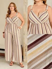 Roveilla Damen-Jumpsuit in großen Größen mit Spaghettiträgern, V-Ausschnitt, Ring-Schnallen-Dekor, elastischem Bund, lockerem weitem Bein und Seitentaschen, mehrfarbig gestreift, französischer eleganter Vintage-Stil, formell für Büro und Pendeln, lässig für Strand, Urlaub, Western-Streetstyle, minimalistisch, vielseitig, für Nachmittagstee, Party, Zuhause und Lässig, bequem, Boho, Frühling/Sommer, neu - Verschiedenfarbig - Übersicht 9