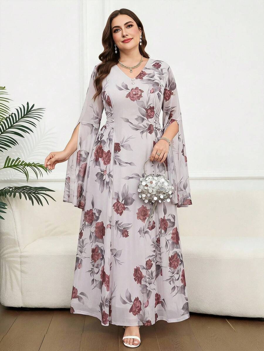 Reflora Vestido elegante de fiesta con estampado floral talla grande - Multicolor - Ver 1