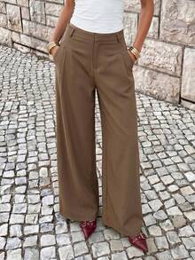 Avantive Women's Solid Color Pleated Wide Leg Loose Casual Long Pants - Cocoa - View 9