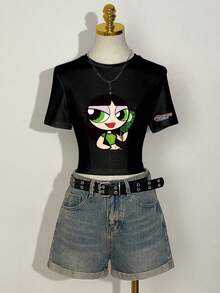 THE POWERPUFF GIRLS X SHEIN Women's Cartoon Print Round Neck Short Sleeve Casual Slim Fit T-Shirt - White - View 1