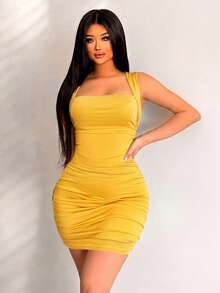 VaVaBold Vestido corto con fruncido lateral de color sólido para ropa de Año Nuevo - Mostaza Amarilla - Ver 3