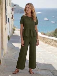 EMERY ROSE Women's Solid Color Textured Ruffle Hem Short Sleeve Top And Casual Pocket Pants Set - Olive Green - View 5
