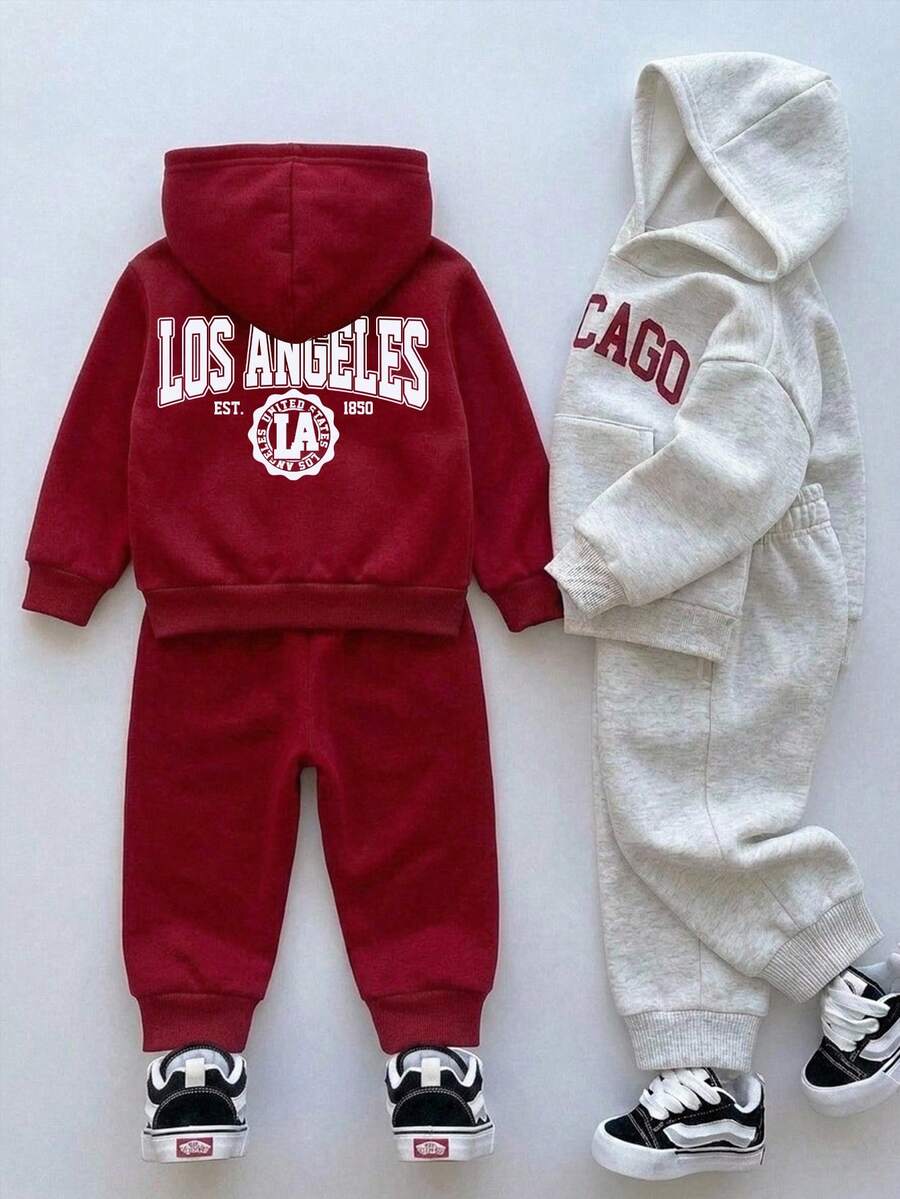 SHEIN 小男孩秋冬服飾套裝，4件/組保暖內裡加厚純色連帽衛衣與運動長褲套裝，舒適百搭時尚字母圖案日常極簡基礎款，適合室內、戶外、日常、運動、玩耍、派對、拍照、假日、返校、街頭風、慢跑褲、運動服、萬聖節