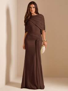 SHEIN BAE Autumn Dark Brown Mesh Shawl Evening Gown, High Neck Draped Pleated Tie-Up Fitted Mermaid Long Dress, Elegant Wedding Formal Guest Party Dress - Coffee Brown - View 4