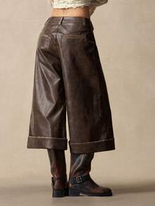 Bohemela Casual Solid Color PU Leather Washed 3/4 Length Pants - Brown - View 7
