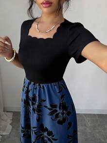 Elenzga 女款 2026 春夏新款優雅拼色拼接花卉印花長洋裝 - 藏蓝色 - 查看 3