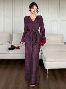 Joudiya Autumn Summer Dark Purple Ruffle Trim Shirt Straight Leg Pants Elegant Wedding Brunch Party Women 2 Pieces Set - Violet Purple - View 5