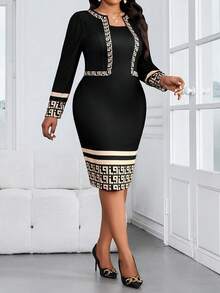 SHEIN Lady Women's Geometric Print Patchwork Long Sleeve Fitted Elegant Mature Classy Mid-Length Dress Teachers' Day Dinner Office Black And Gold Autumn - Multicolor - View 4