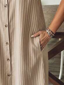 SHEIN VCAY 休閒度假風復古杏色條紋印花大尺碼女款洋裝，適合夏季、約會與派對 - 彩色 - 查看 6