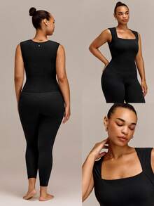 GLOWMODE FeatherFit™ Plus Size Let Your Glow Show Square Neck Waist Length Tank With Removable Cups Low Impact Yoga Pilates Studio Daily Active - Black - View 9