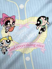 THE POWERPUFF GIRLS X SHEIN 女款夏季休閒條紋卡通印花T恤 - 白色 - 查看 5