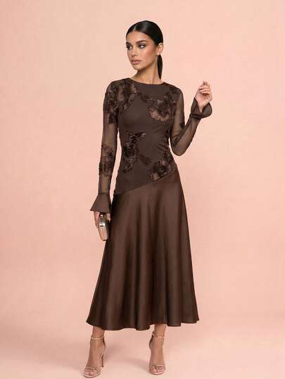 QUIZ Women's Brown Long Sleeve Applique Asymmetric Hem Maxi Dress Elegant Floral Dress Chic Formal Dress For Women Evening Dress For Women Wedding Guest Party Dress Special Occasion Long Party Dress