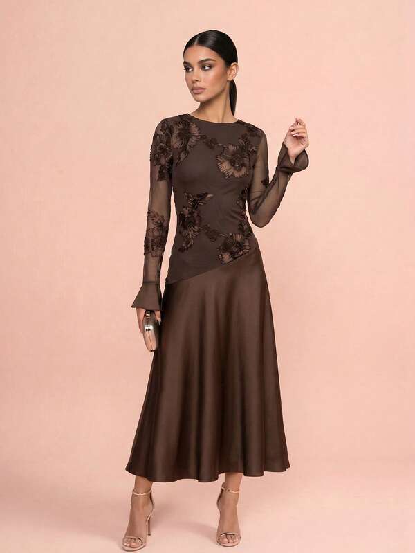 QUIZ Women's Brown Long Sleeve Applique Asymmetric Hem Maxi Dress Elegant Floral Dress Chic Formal Dress For Women Evening Dress For Women Wedding Guest Party Dress Special Occasion Long Party Dress