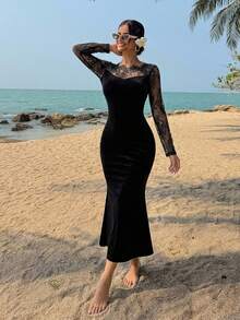 DAZY Women's Lace Patchwork Mermaid Midi Dress, Autumn Long Sleeve Dress - Black - View 18