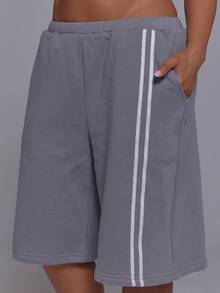 Musera Sport Grey Drawstring Elasticated Waist Side Striped Graphic Embroidered Cropped Sweat Jogger Short - Dark Grey - View 5