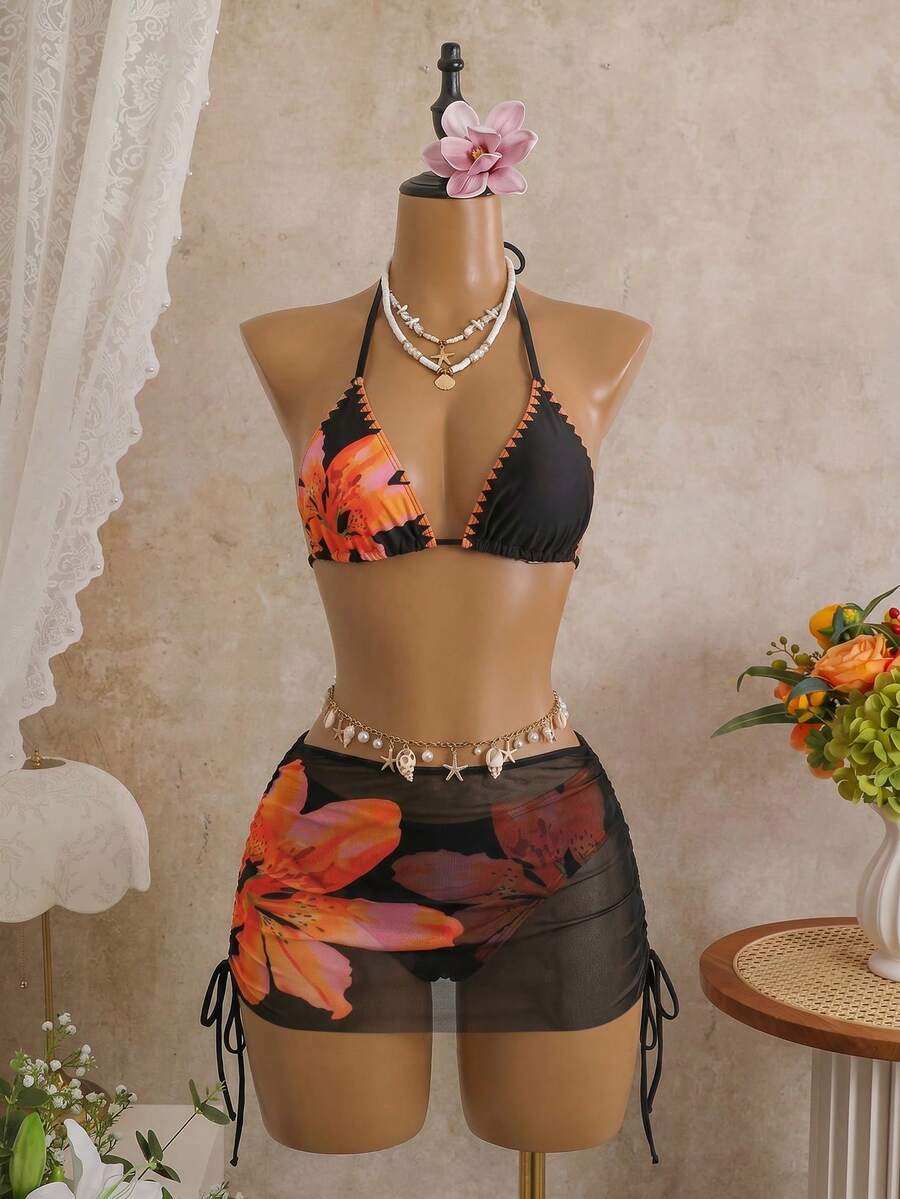 Bellisia 3pcs/Set Baju Renang Bikini Sarung Jala Motif Leopard Seksi Wanita Model Halter Neck dengan Cup Segitiga - Hitam - View 1