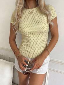 CovetEZ Casual Minimalist Style Light Cream Yellow Background Brown Polka Dot All-Over Print Women's Casual T-Shirt Suitable For Spring/Summer Versatile Style - Multicolor - View 4