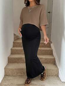 SHEIN Conjunto de 2 piezas de top corto y vestido camisola de unicolor para maternidad - Caqui - Ver 4