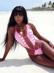 Amplova Women's One-Piece Swimsuit With Pattern Contrast Binding Rhinestone Embellishment Sexy Avant-Garde Cut-Out Backless Design Suitable For Vacation And Party Outfits - Pink - View 3