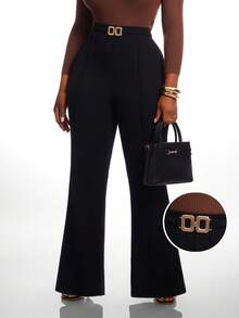 Radiana Curve Plus Size Women's Autumn/Winter Fashion Elegant Metal Decor Long Pants, Versatile, Suitable For Commuting Formal Evening, Meetings, Office, Black - Black - View 6