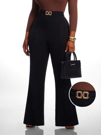 Radiana Curve Damen Große Größen Herbst/Winter Mode Elegante Lange Hose mit Metallverzierung, Vielseitig, Geeignet für Pendeln, Meetings, Büro, Berufstätige Frauen