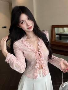 DAZY 秋季粉色花卉鏤空蕾絲前綁帶開襟衫，修身女款上衣，適合派對、茶會、度假、外出、夜晚聚會、約會、婚禮，性感可愛 - 粉色 - 查看 6